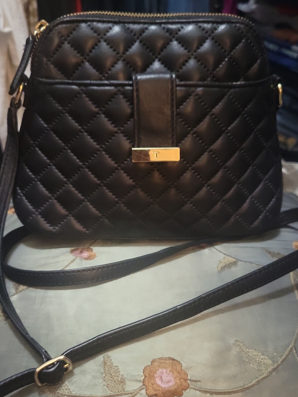 Talbots Black Quilted Crossbody with Gold Plaque